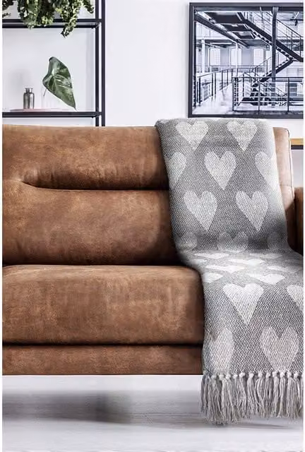 Emma Heart Jacquard Cotton Throw in Charcoal Grey
