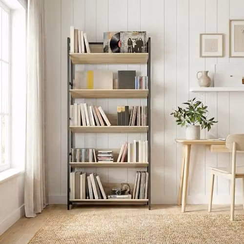HOMCOM 5-Tier Industrial Bookshelf with Media Compartments in Brown and Black, H 174 x W 80 x D 35 cm – 7