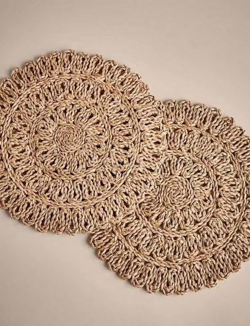 M&S Set of 2 Round Floral Seagrass Placemats in Beige