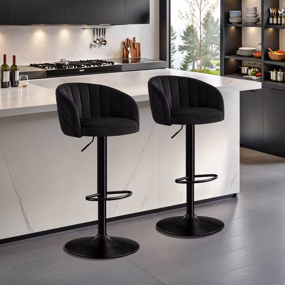STOOLINK Set of 2 Modern Black Velvet Swivel Bar Stools with Arms and Backs – 7