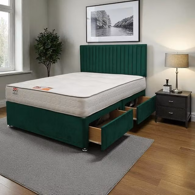 Knight Sleep Modern Upholstered Hybrid Bed Frame and Headboard with Drawers in Green or Grey, W/D/H: 120 x 200 cm