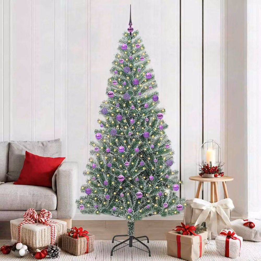 Berkfield Home Snow Flocked Artificial Christmas Tree with LED Lights, Green and White, Height: 210 cm – 2