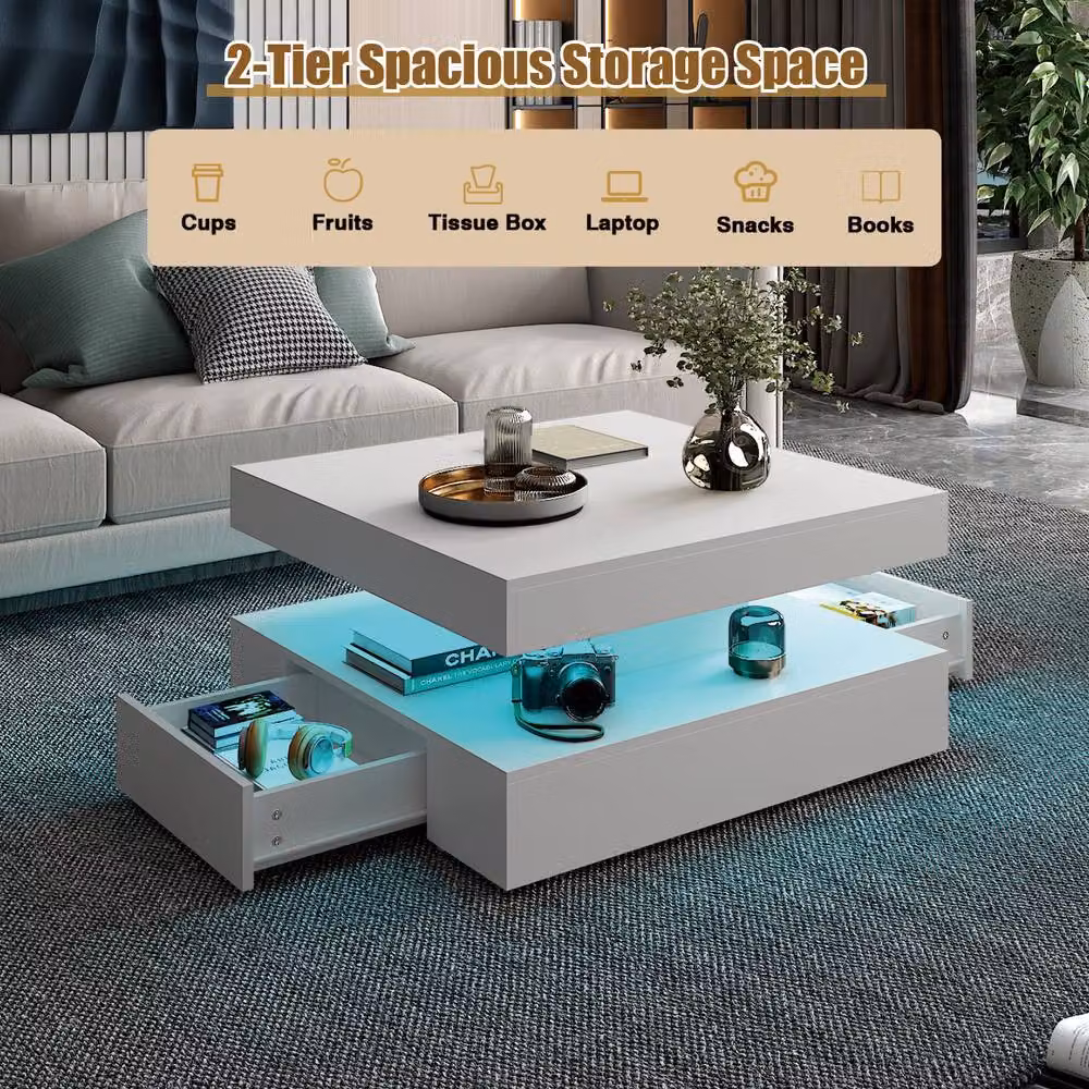 KEEPREAPER Modern LED Coffee Table with 2 Storage Drawers in White – 4