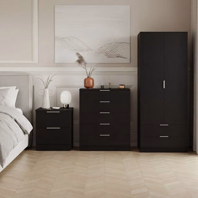 Vida Designs Trega 3 Piece Modern Black Bedroom Set including Wardrobe, Chest of Drawers and Nightstand