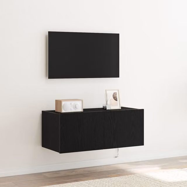 Berkfield Home Modern Wall Mounted TV Cabinet with Integrated LED Lights in Black Oak, W: 80 cm, D: 35 cm, H: 31 cm