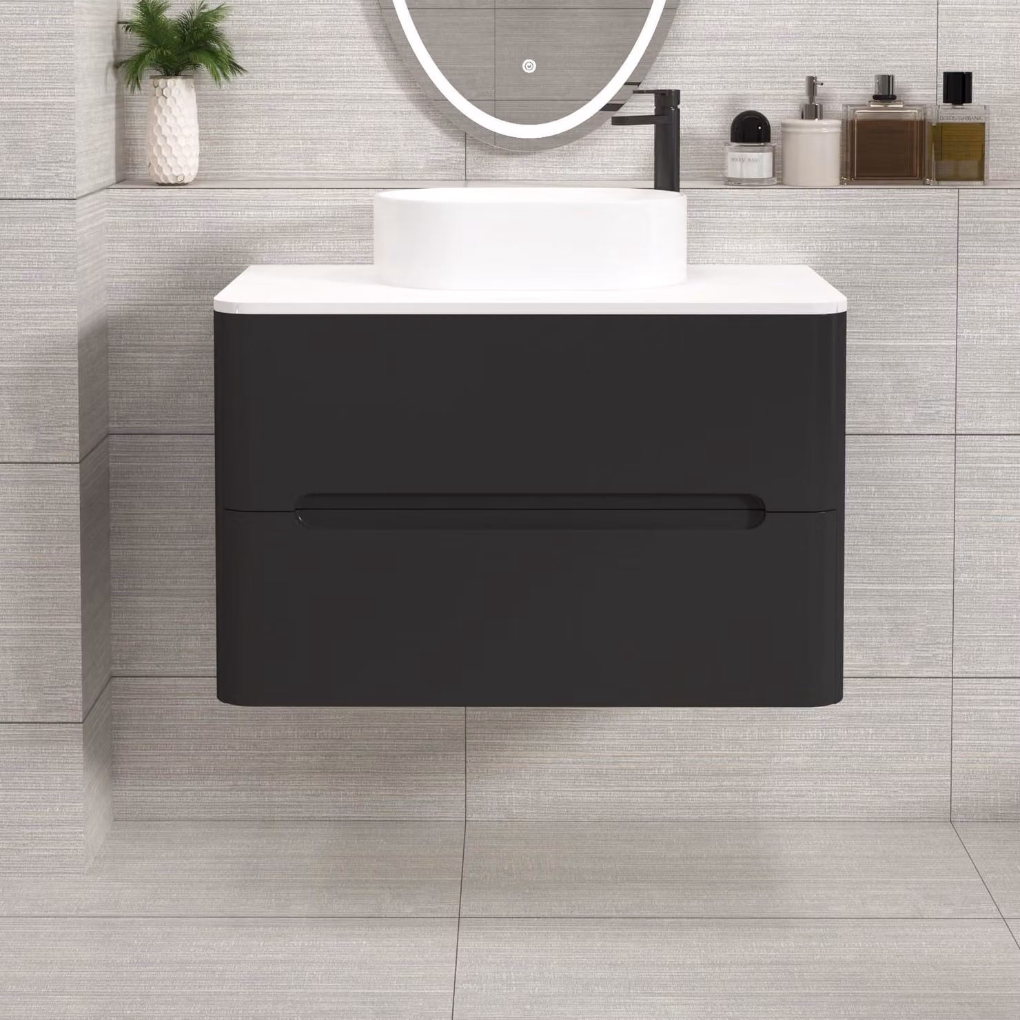 Royal Bathrooms Venice 800mm Matt Nocturne Black Wall Hung 2 Drawer Vanity Unit with Plain White Worktop and Peak Basin