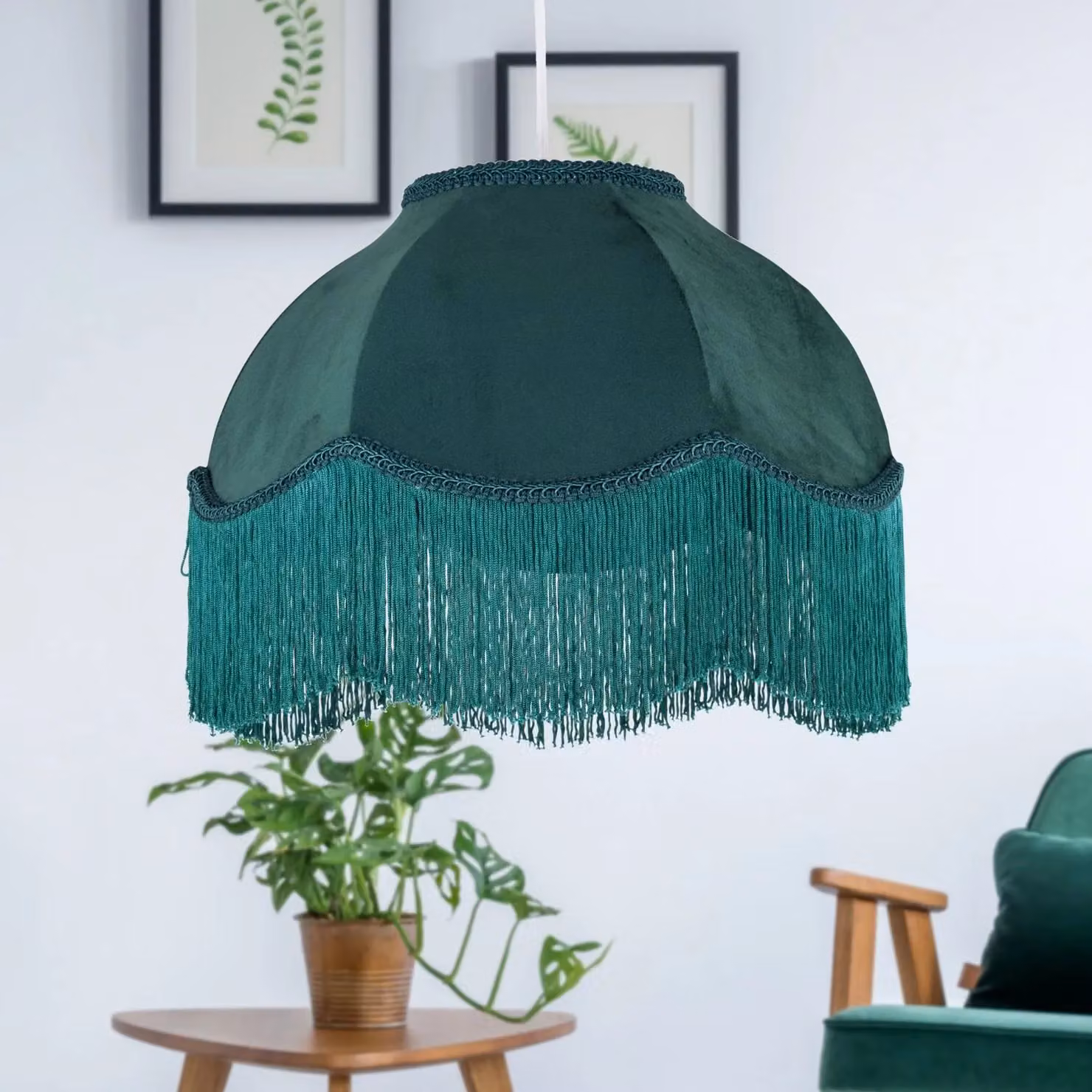 First Choice Lighting Vintage Round Green Velvet Fringed Easy Fit Pendant Lamp Shade – 2