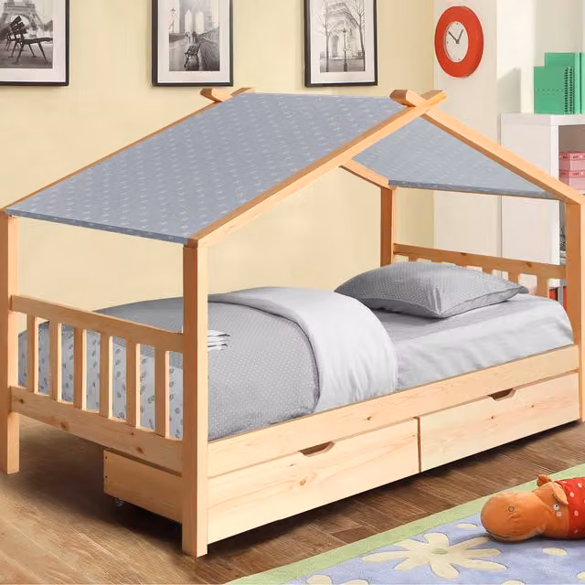 Comfy Living Scandinavian Solid Wood Childrens House Storage Bed with Drawers, W/D/H: 90 x 190 cm