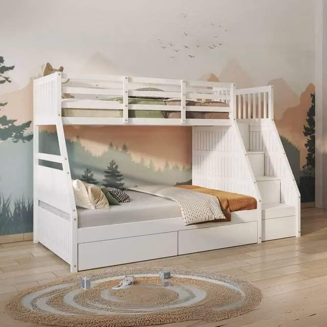 Bedzonline Babyfair Triple Bunk Bed with Staircase Storage and Under-Bed Drawers, Single Over Double Sleeper, White, W/D/H: 200 x 100 x 142.5 cm