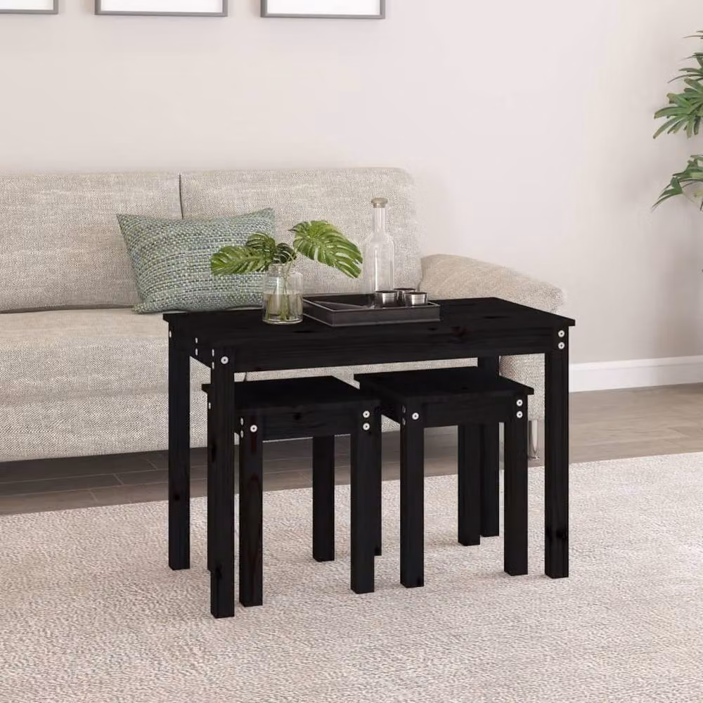 Berkfield Home Set of 3 Modern Black Solid Pine Wood Nesting Tables – 2