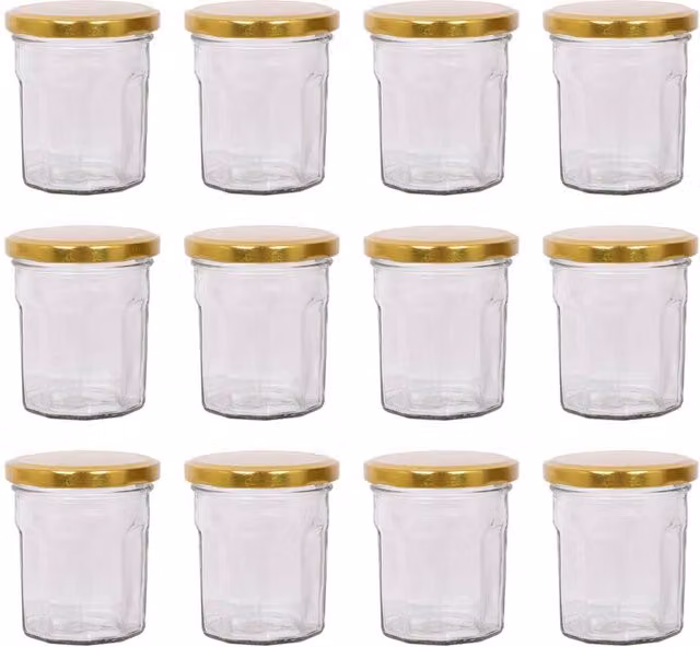 Argon Tableware Set of 12 Gold Glass Jam Jars with Screw Top Lids, 150ml – 1