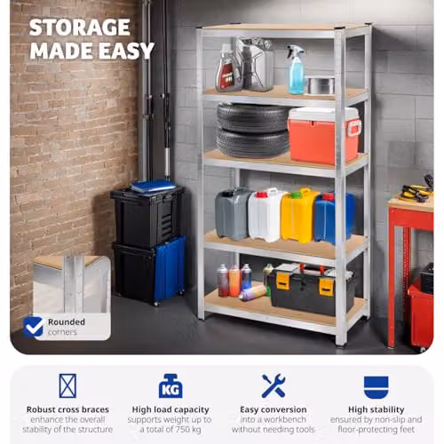 tectake 5-Tier Heavy-Duty Shelving Unit with Galvanised Steel Frame and Adjustable MDF Shelves in Silver, W/D/H: 90 x 40 x 180 cm – 4