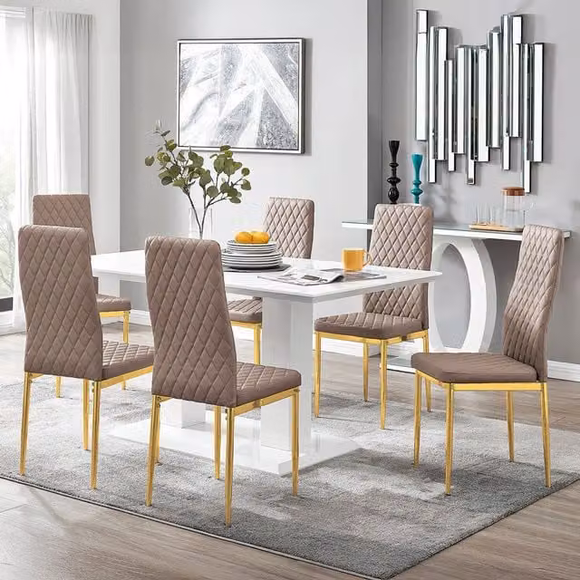 FurnitureboxUK Imperia White Dining Table and 6 Milan Gold Leg Chairs in Cappuccino