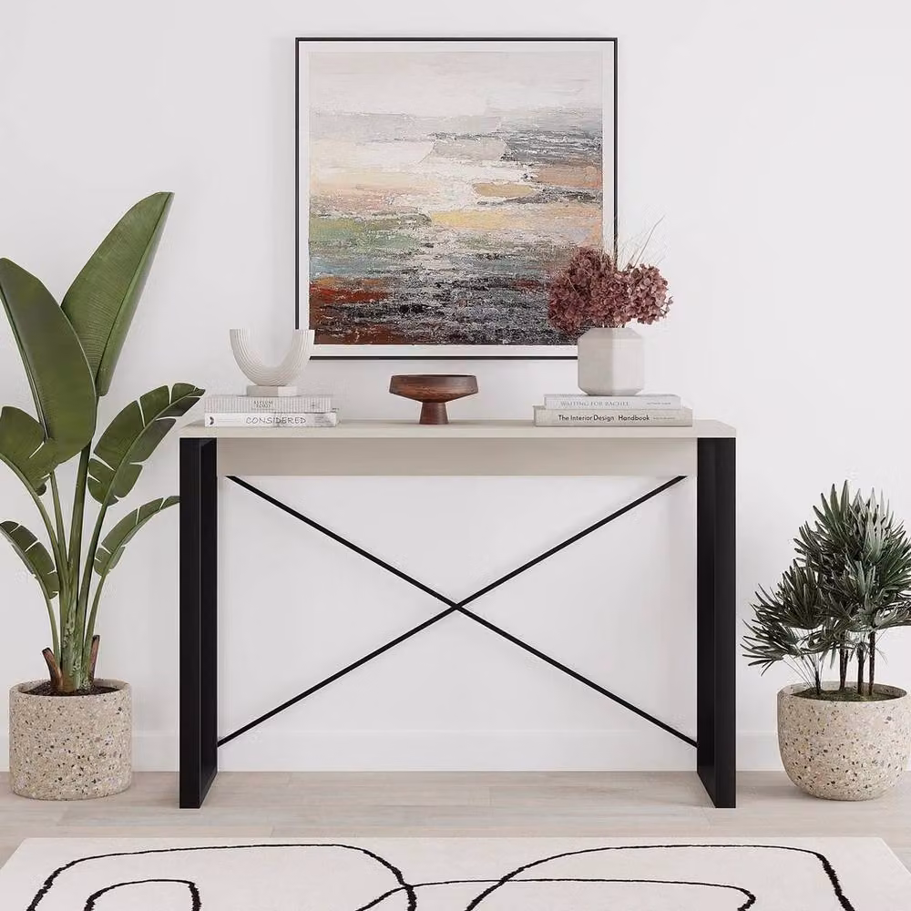 VOGREX Sandstone Narrow Console Table with Metal X-Frame Legs in Beige and Black – 2