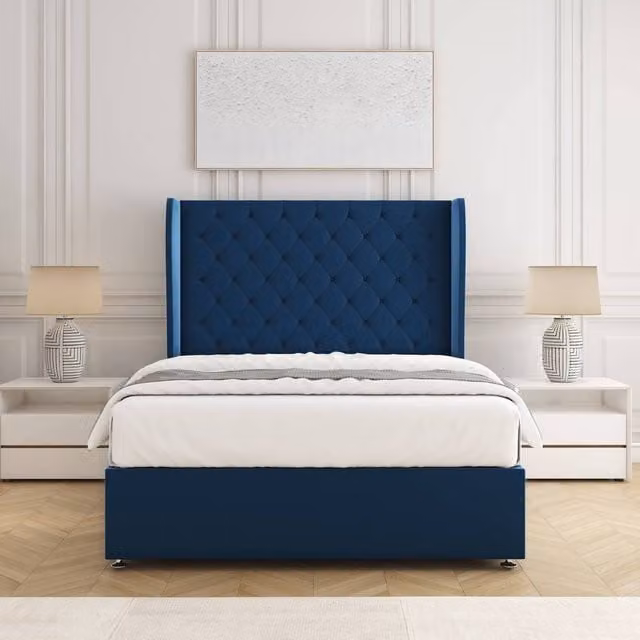 BSSPOKE Amelia Divan Bed Set with 54 inch Plush Velvet Headboard and Mattress in Blue, Small Double, W/D/H: 120 x 200 cm