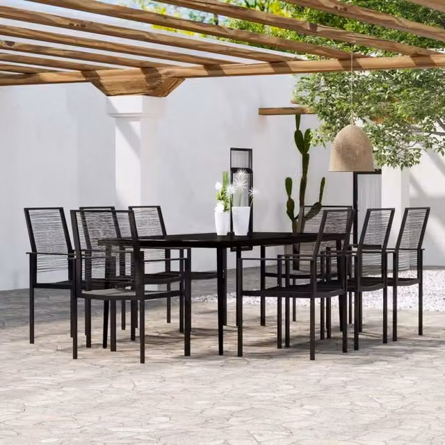 Berkfield Home 9 Piece Modern Garden Dining Set in Black Matt Rattan and Glass