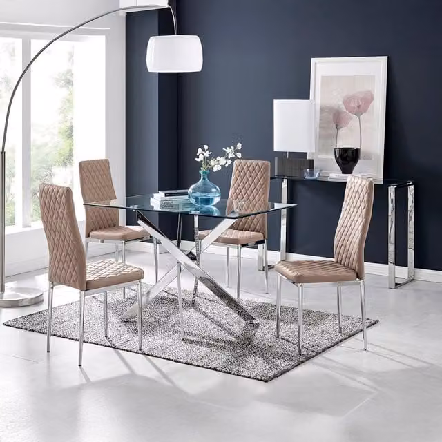 FurnitureboxUK Leonardo Modern Rectangular Glass and Metal Dining Table and 4 Chairs Set in Beige and Transparent – 1