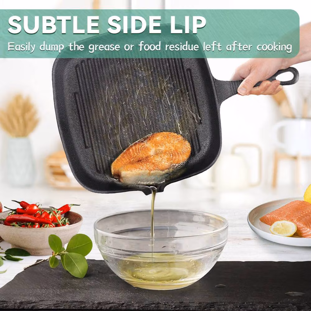 Living and Home Cast Iron Square Grill Griddle Pan with Pouring Spout in Black – 6