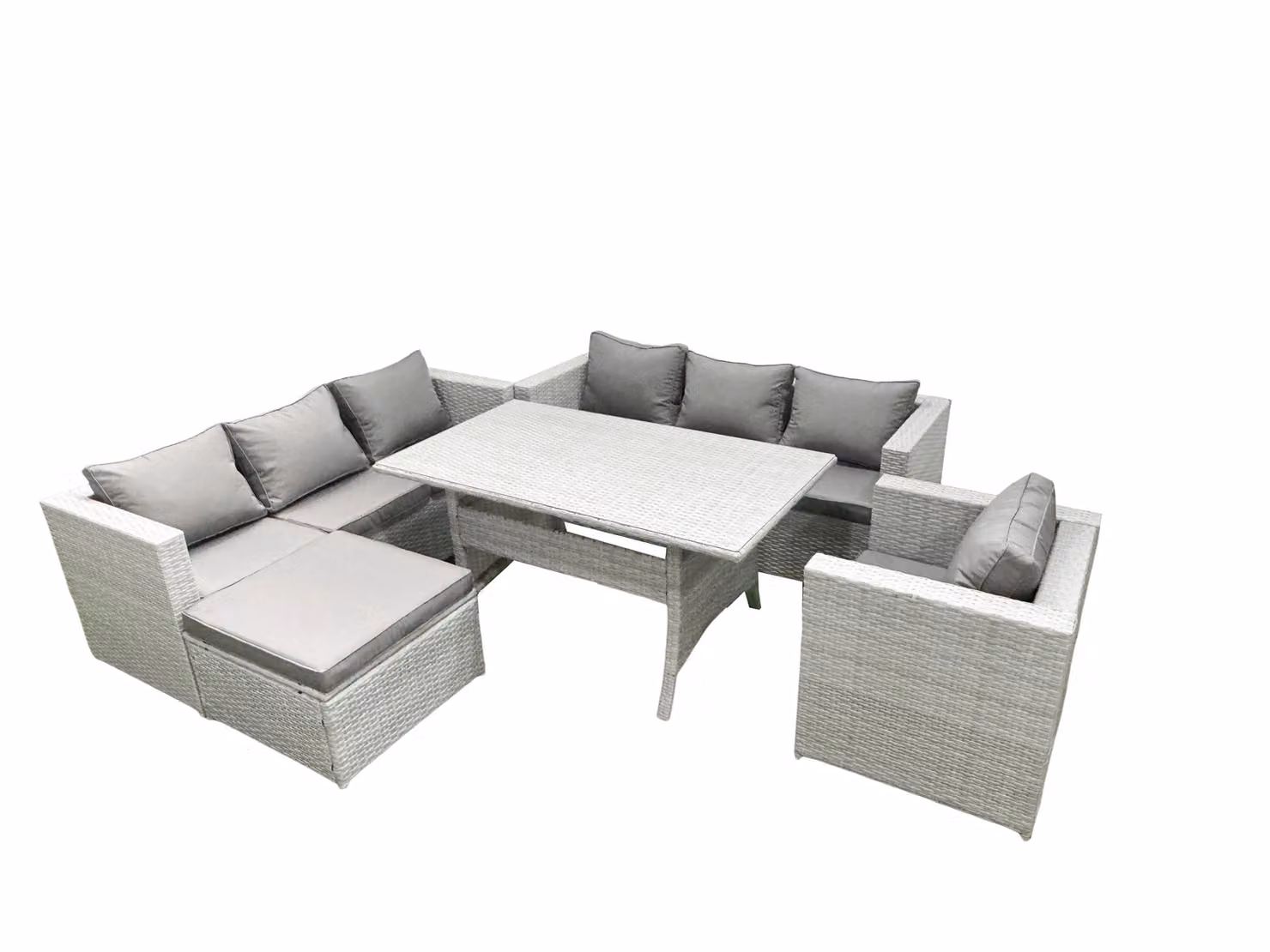 Fimous 5 Piece Outdoor Rattan Sofa Set with Cushions, Armchair, Dining Table and Footstool in Light Grey – 2
