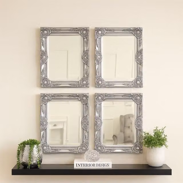 Melody Maison Set of 4 Ornate Vintage Square Silver Wall Mirrors with Bevelled Glass