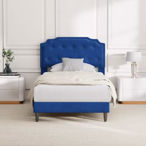 MCC Direct Chelsey Single Velvet Upholstered Bed Frame with Tufted Headboard, Blue, W/D/H: 90 x 200 cm