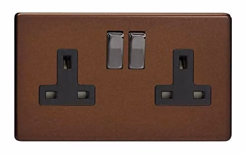 Varilight 2 Gang 13 Amp Double Switched Flush Socket Plate in Mocha Brown and Black