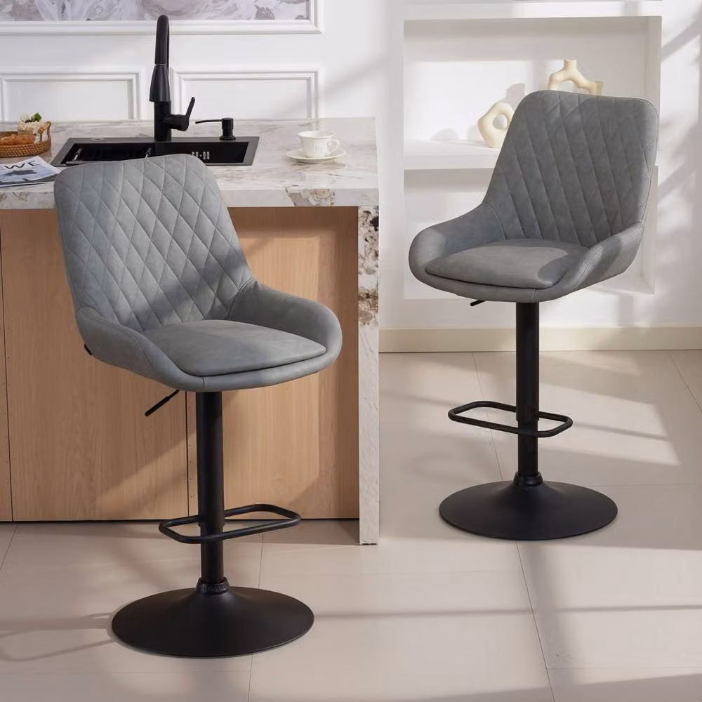 Wyld Haus Taraneno Set of 2 Retro Adjustable Bar Stools in Light Grey Faux Leather – 3
