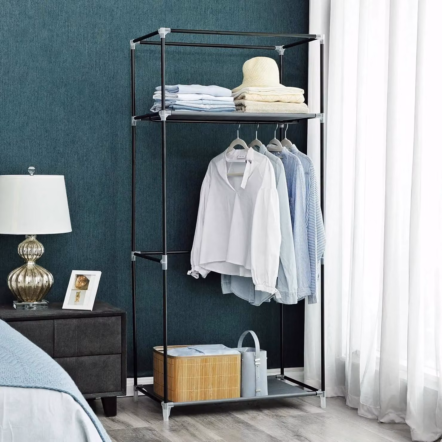 SONGMICS Fabric Folding Wardrobe with Hanging Rail and Internal Shelves in Grey – 2