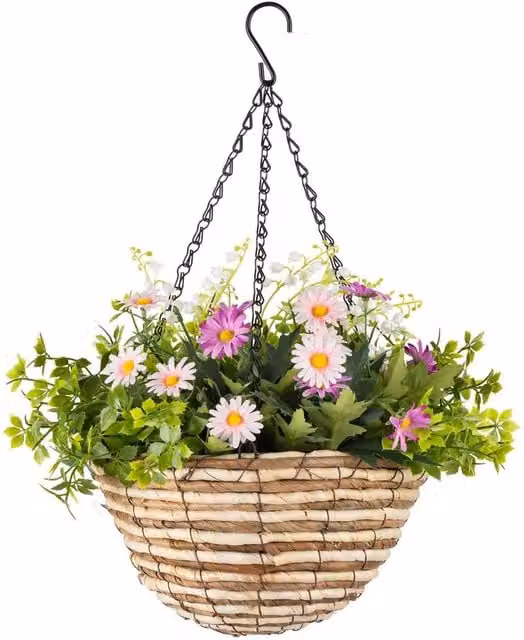 Christow Artificial Daisy Woven Hanging Basket in Yellow, Pink or Multicolour, Diameter: 25 cm – 1