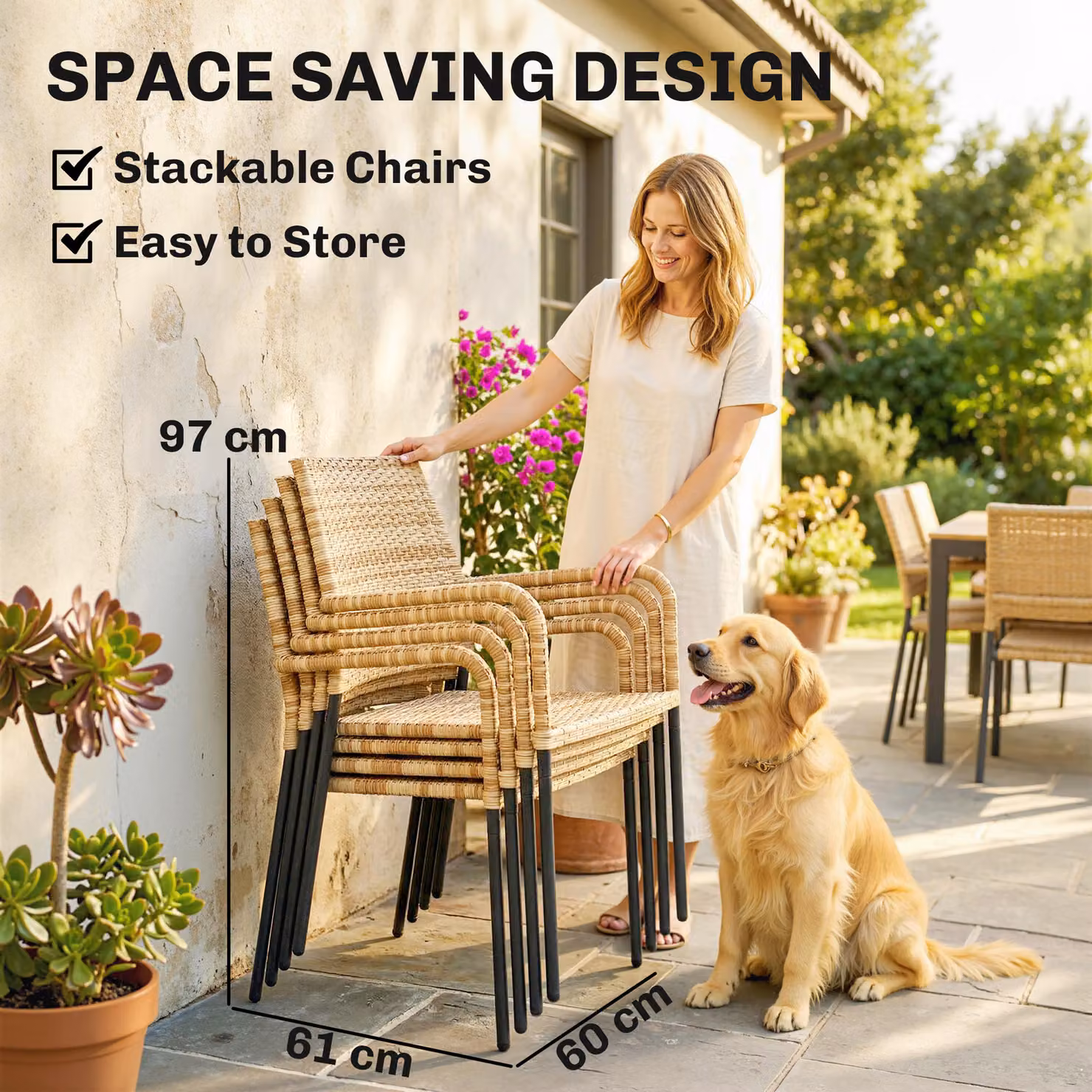 Outsunny 6 Piece Rattan Garden Dining Set in Beige with Parasol and Tempered Glass Tabletop – 4