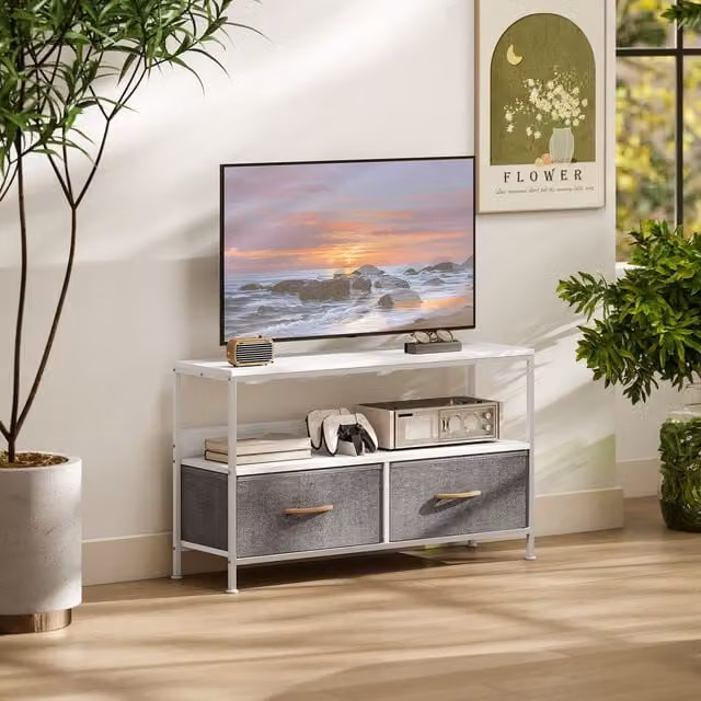 HOMCOM Modern White TV Cabinet with 2 Foldable Linen Drawers