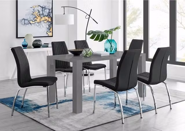 FurnitureboxUK Pivero Grey High Gloss Rectangular Dining Table and 6 Black Faux Leather Isco Chairs