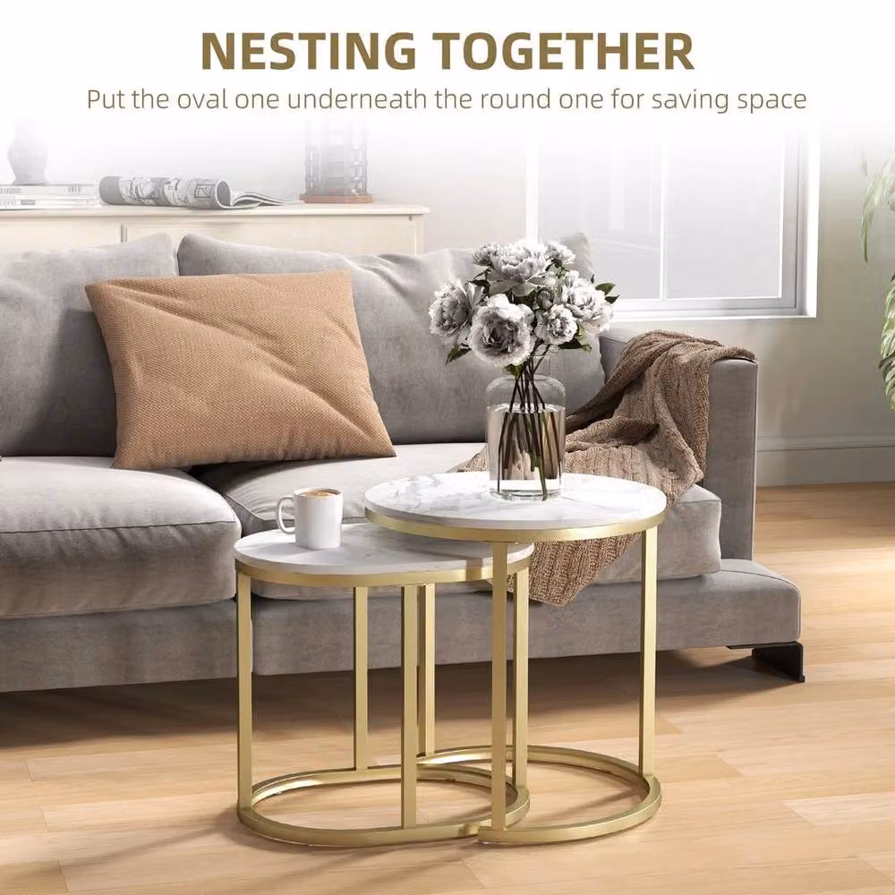 Kelvenix Modern Round Nest of 2 Coffee Tables in White with Metal Sled Base – 2