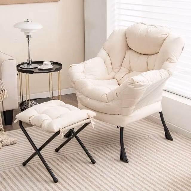 Costway Modern White Fabric Accent Lazy Chair with Ottoman and Armrests