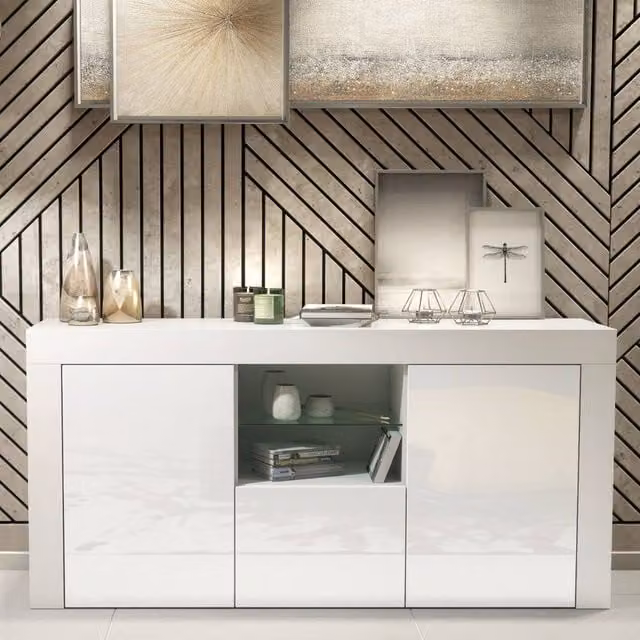 Creative Furniture Aurora Sideboard in White with Glossy Doors, W: 145 cm, D: 35 cm, H: 70 cm – 1