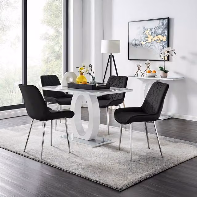 FurnitureboxUK Giovani Grey Glass Dining Table and 4 Black Pesaro Silver Leg Chairs W/D/H: 120 x 70 x 70 cm