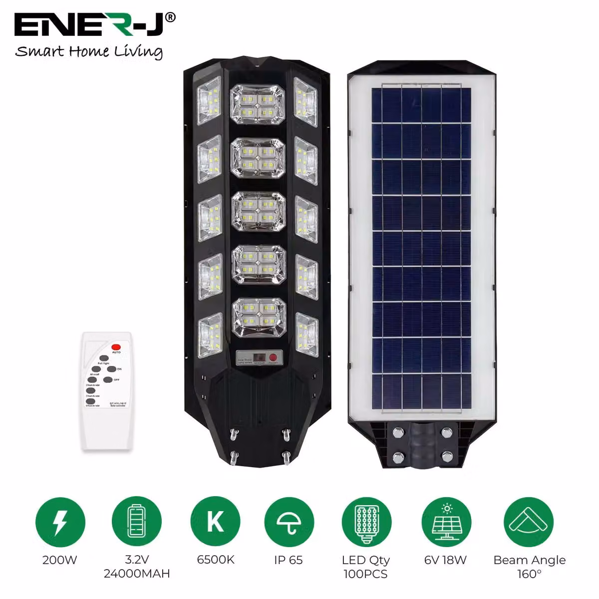 ENER-J 200W Solar Streetlight in White with 6V 18W Solar Panel, 24000 mAh Battery and Remote Control, 6500K Cool White – 2