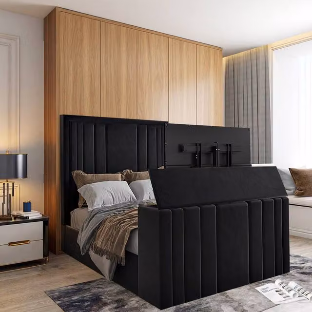 KDMD Artlebeck Bespoke Upholstered Soft Velvet Single Bed Frame in Black, W/D/H: 90 x 200 x 152 cm
