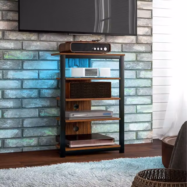 HOMCOM Modern Corner TV Stand with Integrated Lighting and 4-Tier Storage Shelves, Brown