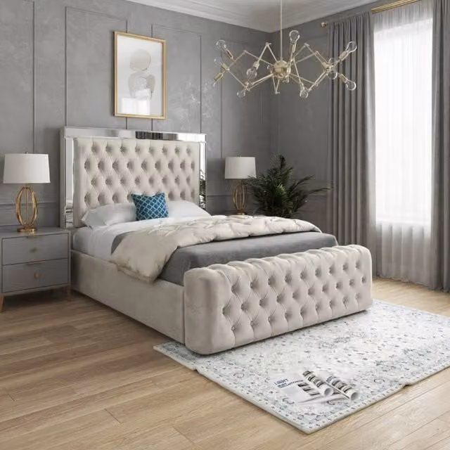 KDMD Wimborne Mirror Upholstered Designer Bed Frame in Beige Velvet, Size: 180 x 200 cm