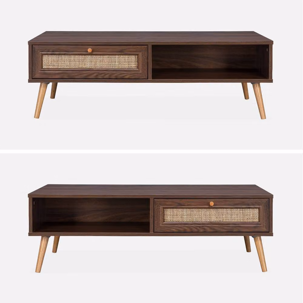 sweeek Rectangular Coffee Table with Wood and Cane Effect in Dark Brown – 2