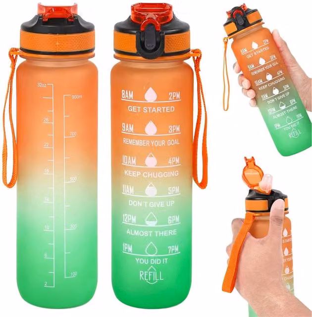 NESTLUNE BPA Free Sports Water Bottle with Straw, Green and Orange, 1 l – 1