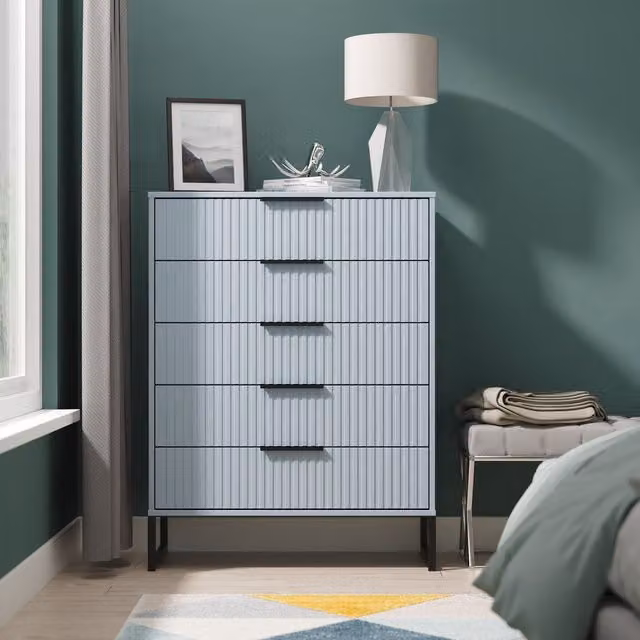 2 U Menai 5 Drawer Chest in Light Blue and Black with Striped Matt Metal Finish – 1