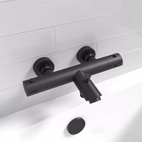 Nes Home Wall Mounted Thermostatic Bath Filler and Shower Mixer Tap with Safety Stop in Matt Black – 1