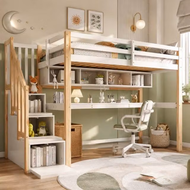 ModernLuxe Kids Single Loft Bed in White with Desk, Shelves, Storage Stairs and Side Compartments, Solid Pine Wood, W/D/H: 190 x 90 x 165 cm – 1