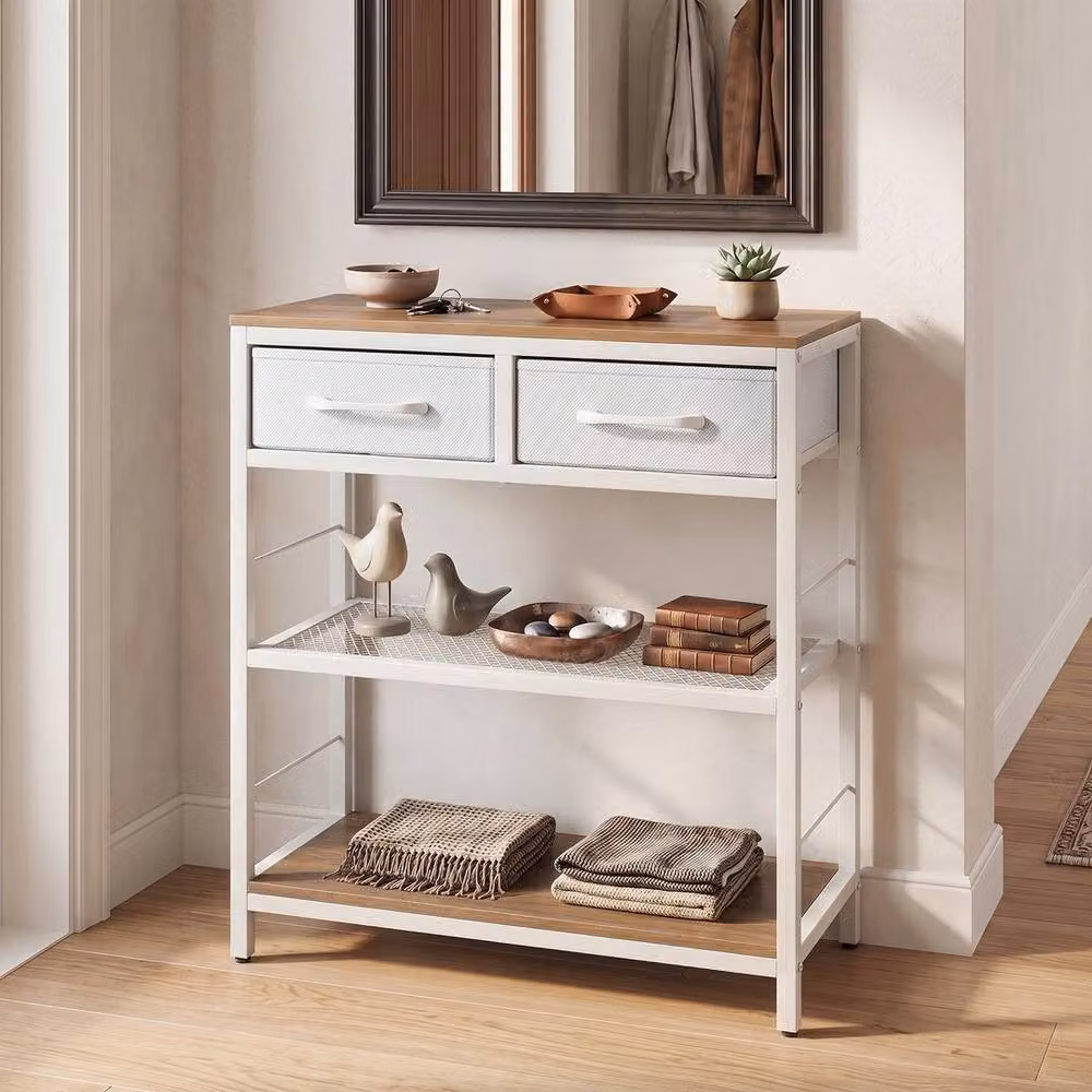 KORVIXA 3-Tier Rustic White Wood and Metal Entryway Storage Rack, Width: 100 cm – 4