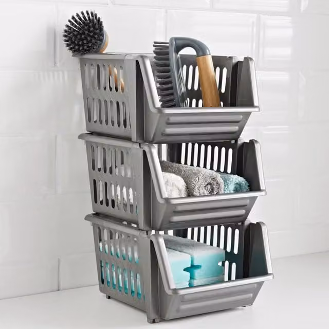 Whitefurze 3 Tier Stackable Slatted Storage Baskets in Silver