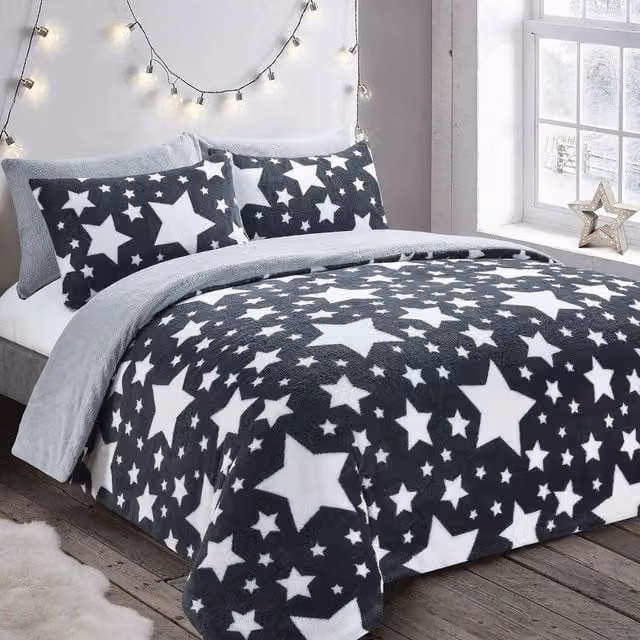 Velosso Galaxy Stars Teddy Soft Cosy Fleece Duvet Set, Anthracite and Silver, W: 140 cm, L: 200 cm