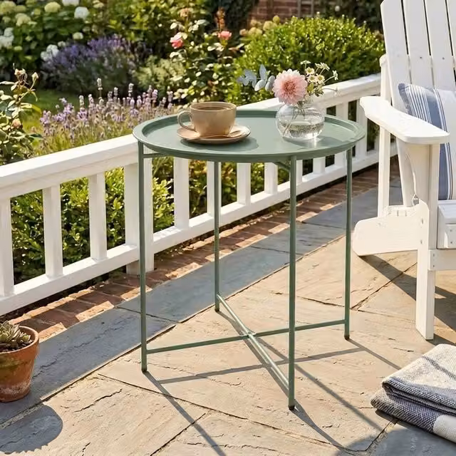 VOGREX Green Metal Garden Side Table with Removable Tray and Folding Legs, W/D/H: 53 x 46 x 46 cm