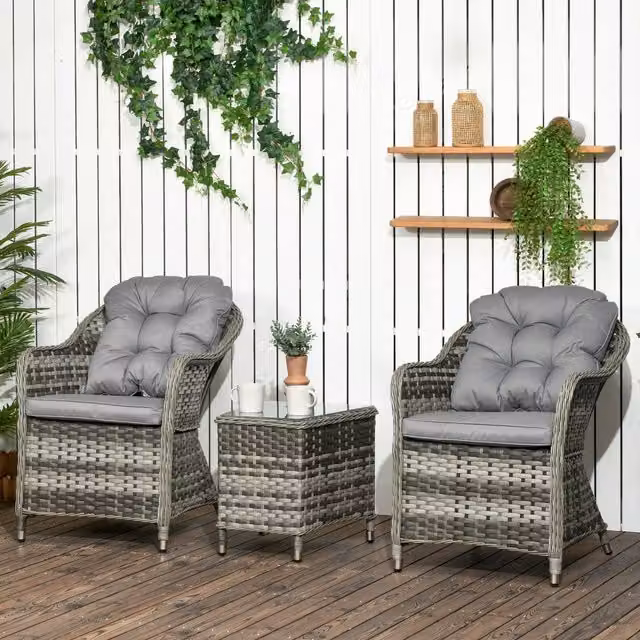 Outsunny Modern Grey Aluminium Rattan Bistro Set with Cushions